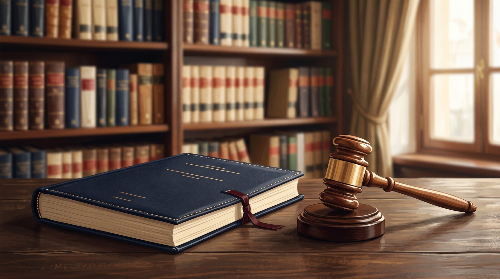 Mazo de juez junto a un expediente judicial sobre la mesa de un despacho de abogados