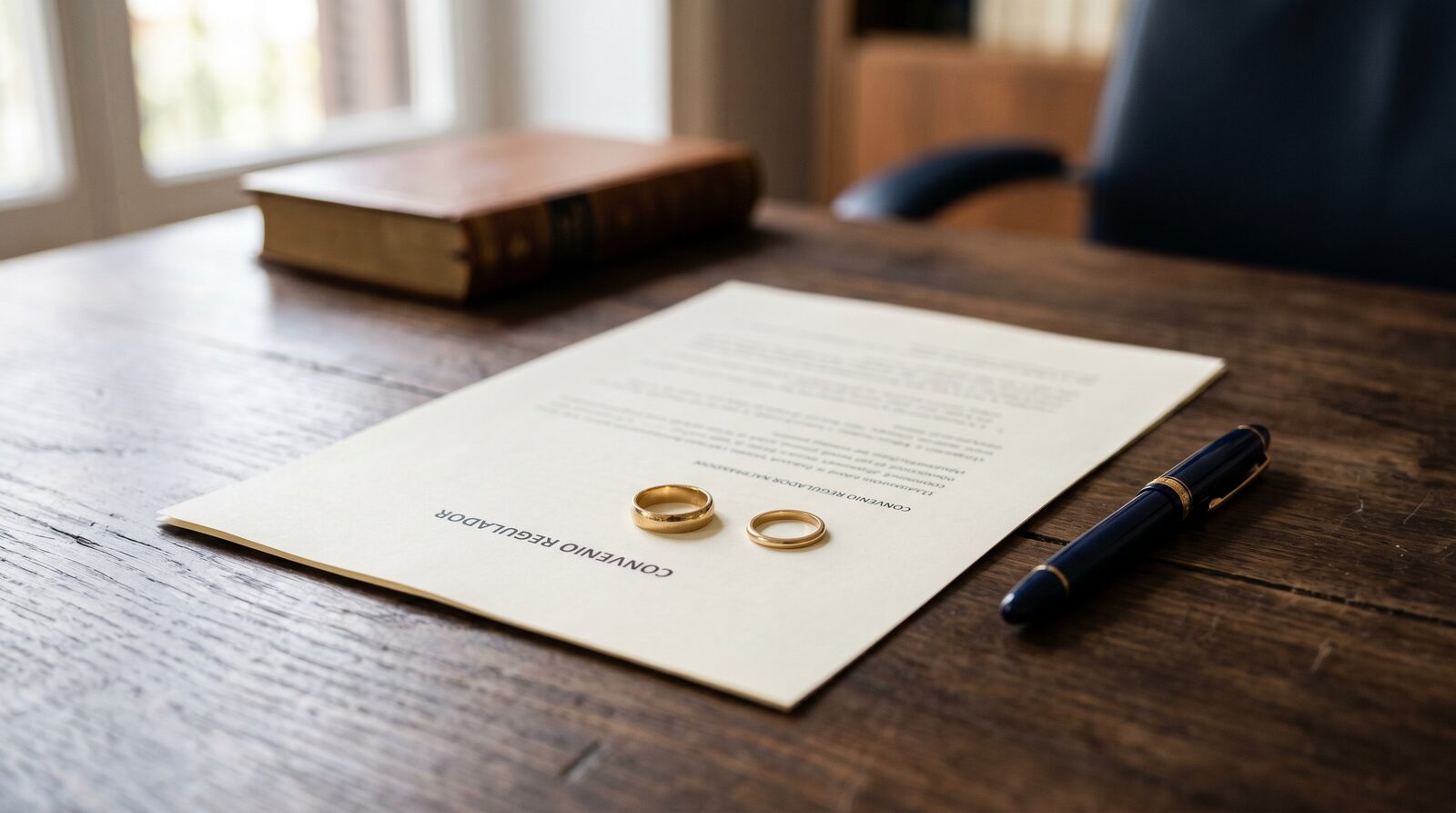 Dos anillos de boda separados sobre un convenio regulador en un despacho de abogados